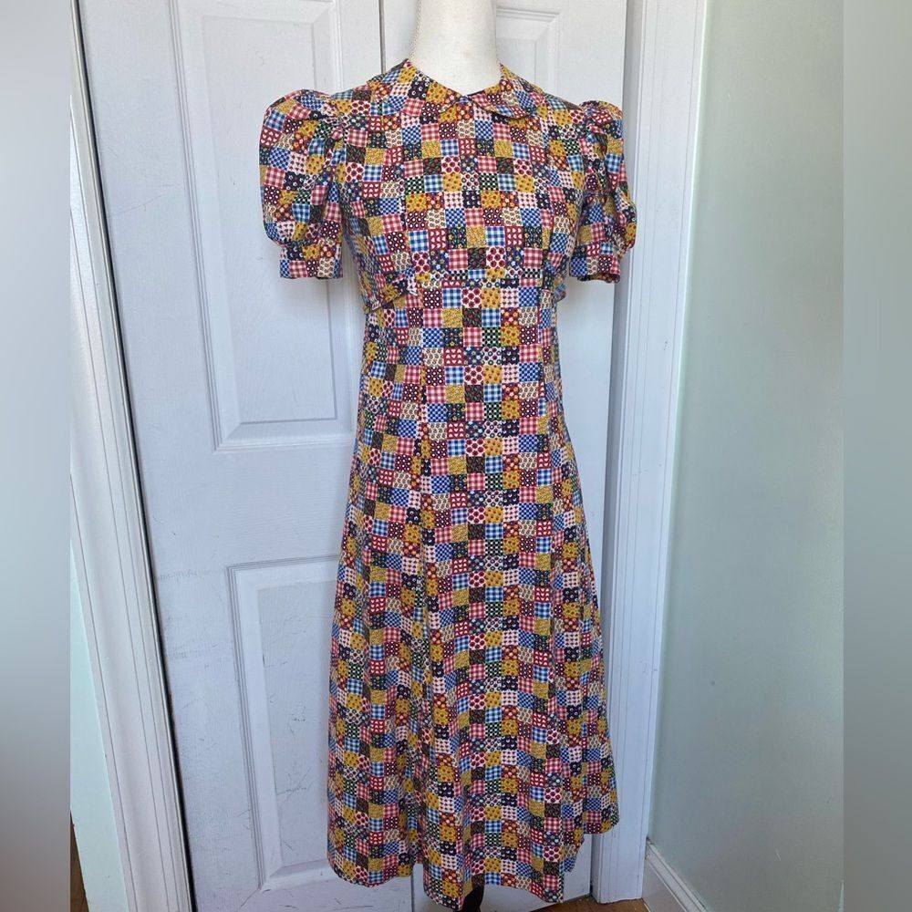 1970s Baby Doll Cottage Core Patchwork Pattern Maxi Dress